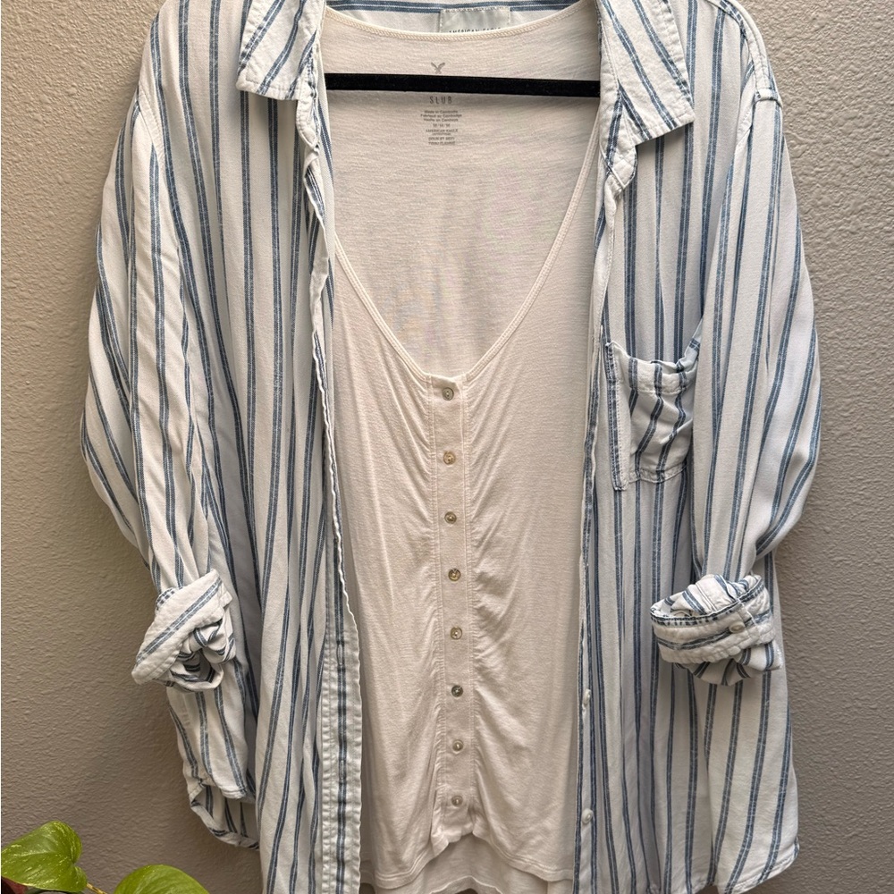 American Eagle Blue and White Striped Button Down - Picture 2 of 6